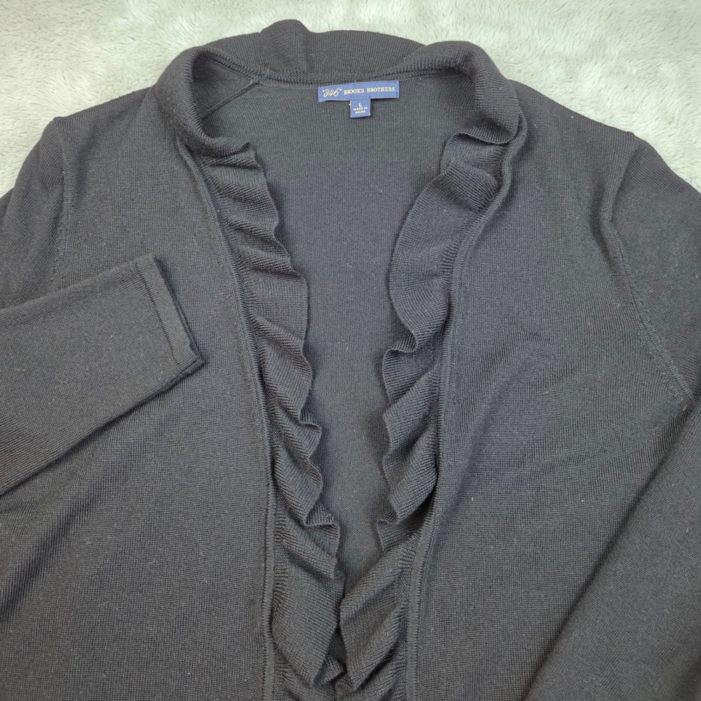 Brooks Brothers Merino Wool Ruffle Open Front Cardigan Womens L Long Sleeve Blk